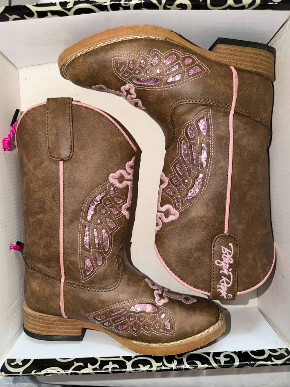 Roxy Brown Leather Kids Cowboy Boots with Pink Cross Accents